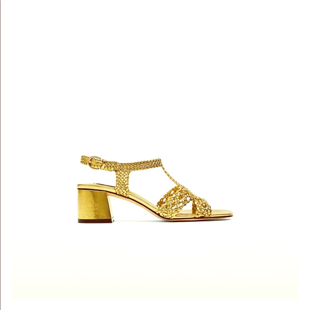 NWT Zara gold woven sandal with heel.